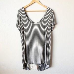 Stretchy Gray & White Striped Tee with Lace Detail